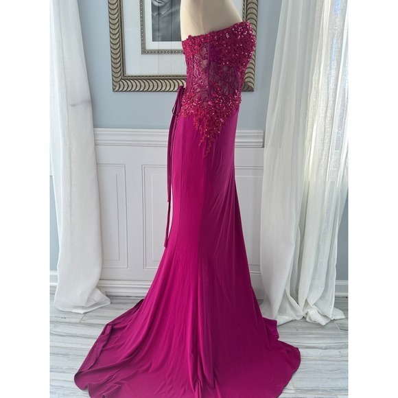 Faviana Glamour Gown Magenta Beaded Lace Corset Black Tie Prom Dress Size 6 - Picture 3 of 10